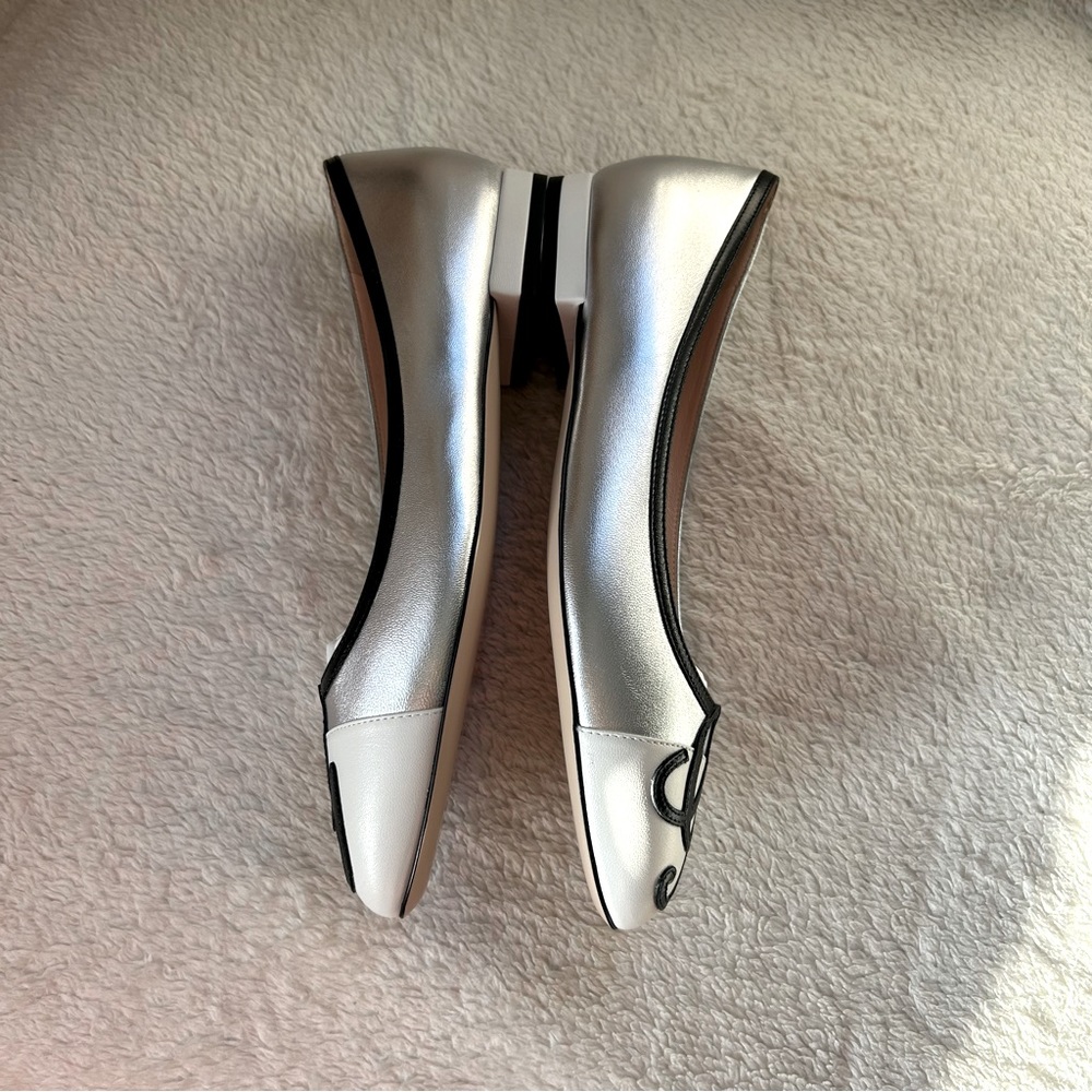 NIB Authentic Gucci Malaga Kid 2-tone Leather Pump Flats Silver White 37 - Picture 7 of 9